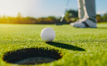 Golfball rollt auf das Loch zu. Im Hintergrund ist der Schläger des Golfspielers zu sehen.