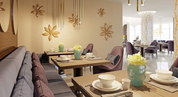 Stilvolles Restaurant mit gedeckten Tischen und gemütlicher Atmosphäre.