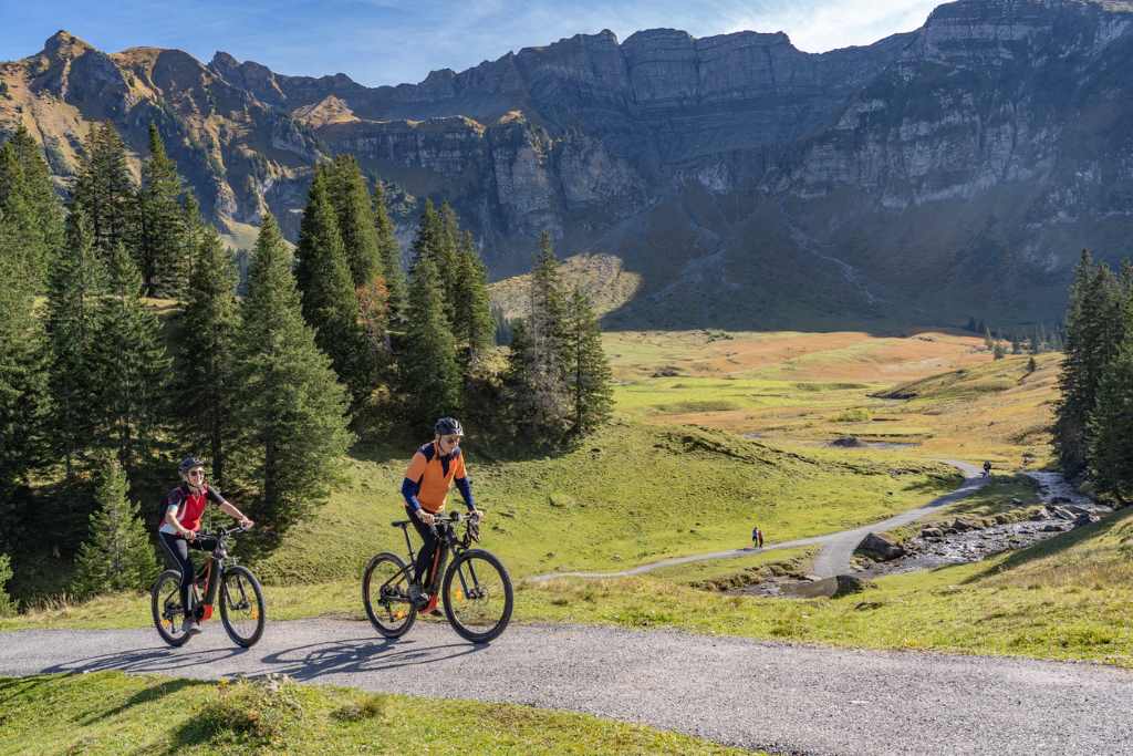 Zwei Radfahrer fahren auf einem Weg durch eine malerische Berglandschaft.