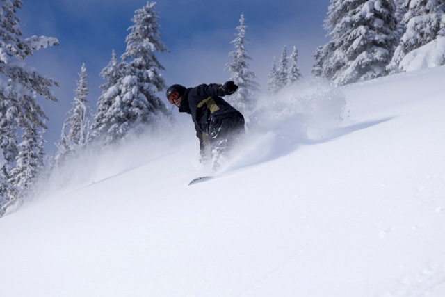 Snowboarder genießt eine Abfahrt im frischen Pulverschnee.





