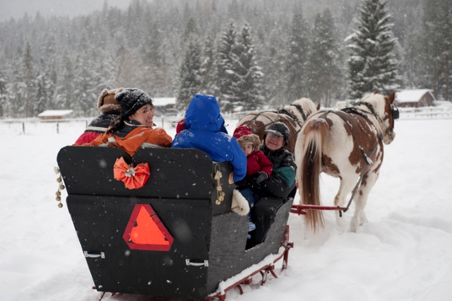 Gruppe von Menschen in einer Pferdekutsche im Schneefall.