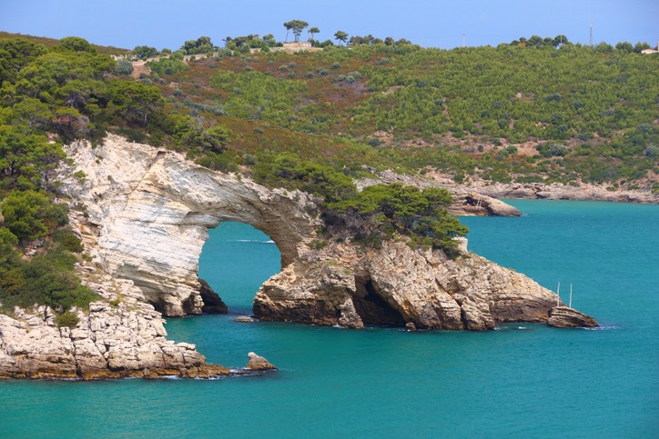 eine Felsbildung im türkisfarbenen Meer mit einer unbewohnten grünen Landschaft im Hintergrund