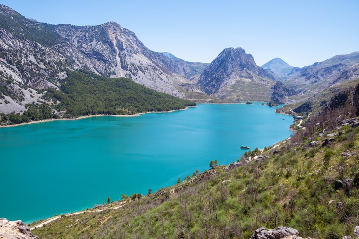 türkisfarbener See in Mitten einer Waldlandschaft und mit Bergen im Hintergrund