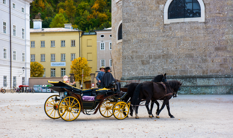 Blick auf einen Kutscher mit zwei Pferden im Winter in Salzburg.